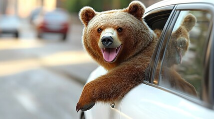 A playful bear hangs out of a car, grinning joyfully on a lively street