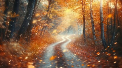 Autumn hiking in a vibrant forest, soft natural lighting, dynamic movement, earthy tones, warm atmosphere, photo-realistic