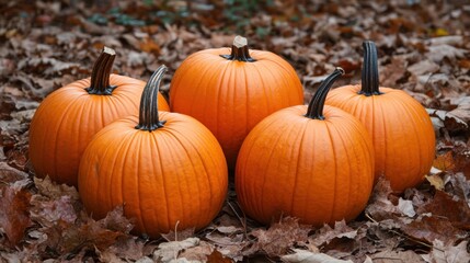 Fototapeta premium Bright orange pumpkins arranged in a rustic autumn setting, surrounded by fallen leaves, symbolizing the beauty of the fall harvest.