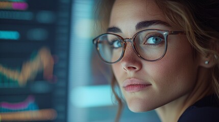 business finance professional woman in eyewear analyzing complex data on a computer monitor, highlighting her role as a financial analyst in the corporate sector