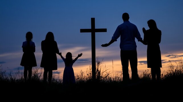 On an autumn sunrise background, silhouetted people look for the cross in big family worship - Powered by Adobe