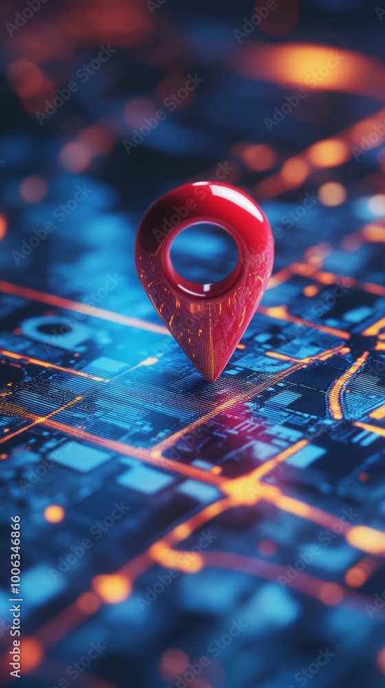 Leinwandbilder red location pin on digital map with glowing circuit lines