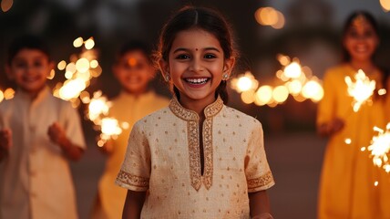 A joyful girl in traditional attire smiles brightly while holding a sparkler, surrounded by friends enjoying a festive celebration.