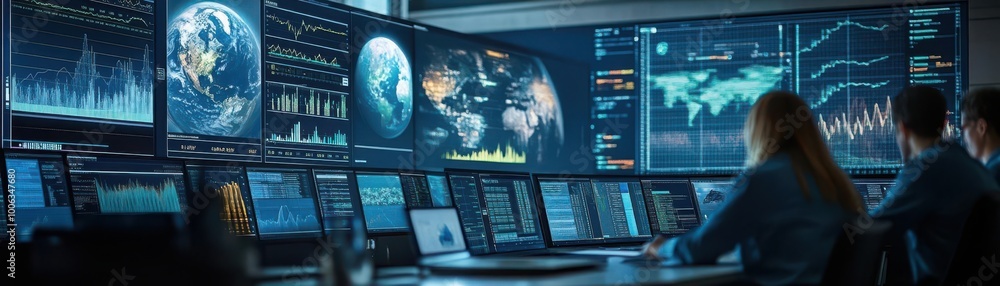 Poster a modern control room featuring large screens displaying data and global maps. professionals analyze