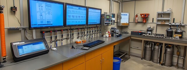 Fototapeta premium A control room with monitors displaying real-time data on the water supply system. Engineers monitor water pressure, flow rates, and quality using advanced digital controls.