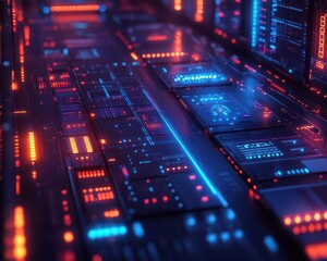Cybersecurity infrastructure with vibrant digital locks and firewalls, sleek design, soft lighting, high contrast