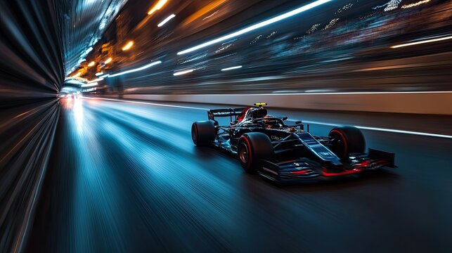 Formula One car zooming through Monacos tunnel section, bright lights reflecting on the car sleek body, with no crowd or drivers visible.