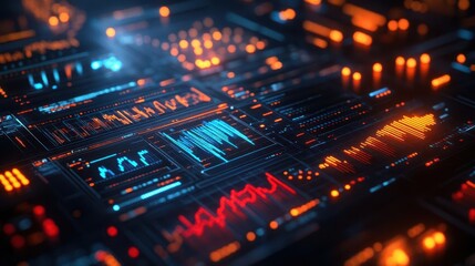 Fototapeta premium Data analytics with vibrant graphs and charts, sleek digital interface, soft lighting, futuristic style, high contrast