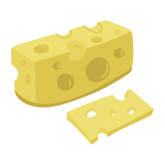 maasdam, piece with a slice of hard yellow cheese with holes on a dark background. Vector illustration. Porous masdam in a flat realistic style. Ideal for posters and banners, cafe menus and shops
