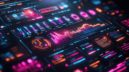 Obraz premium Digital marketing strategy board with graphs and data, sleek design, vibrant colors, high contrast, futuristic style