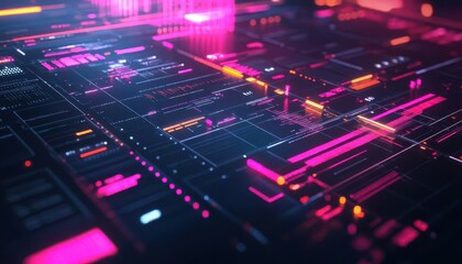 Digital project management board with tasks and timelines, sleek interface, vibrant colors, futuristic style