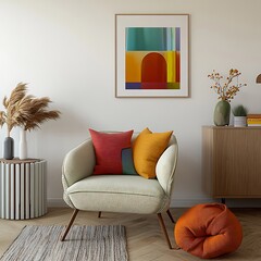  Stylish living room with a mid-century modern chair, colorful pillows, and a unique knot cushion, creating a cozy and contemporary space. Mock up poster. 
