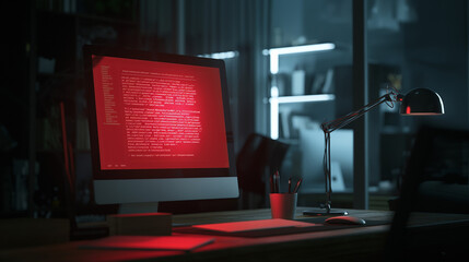 Computer screen showing red ransomware warning message in home office setting, highlighting cybersecurity threats and digital safety concerns.