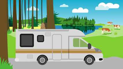 Illustration of a camper caravan in front of a green landscape with forests, meadows and a lake
