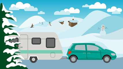 Illustration of a caravan in front of a mountain landscape with snow