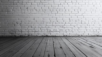 Fototapeta premium empty room with wood flooring and white brick wall, a simple yet elegant design that offers a clean and spacious environment for home or office interior