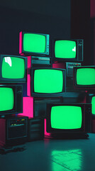 vertical 3d rendered stack of classical old televisions green screen tv monitors pink neon lighting composition dynamic scene reel background vintage chrome key TVs vintage video element cinematic 