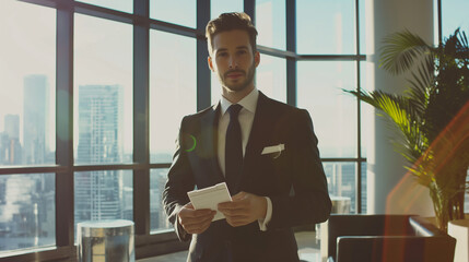 Confident businessman in modern office holding notepad with financial tips, exuding success and prosperity in professional environment.