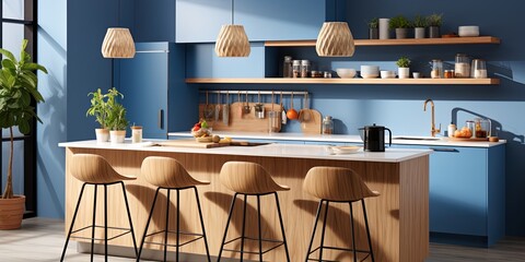 A modern kitchen island with wooden bar stools, a white countertop, and blue cabinetry, featuring a golden faucet and natural light illuminating the space.
