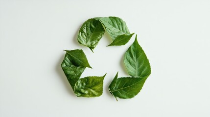 Recycle icon made from leaves, merging nature with the symbol of sustainability. Bright, fresh green hues on a plain white surface.