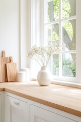 Fototapeta premium A bright, minimalist kitchen corner featuring white cabinets, a wooden countertop, and a vase