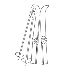 One continuous single drawing line art flat doodle ski, sport, equipment, snow, mountain, winter, white, extreme, skiing, alpine. Isolated image hand draw contour on a white background