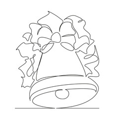 One continuous single drawing line art flat doodle christmas, bell, celebration, decoration, winter, gold, ribbon, holiday, season. Isolated image hand draw contour on a white background