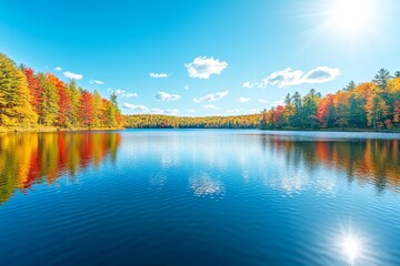Fototapeta premium A beautiful autumn day in New England includes colorful foliage tree reflections in calm pond water