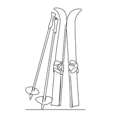 One continuous single drawing line art flat doodle ski, sport, equipment, snow, mountain, winter, white, extreme, skiing, alpine. Isolated image hand draw contour on a white background
