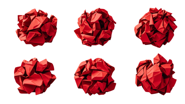 Collection set of dark light Red crumpled crushed scrunched paper ball on transparent background.....