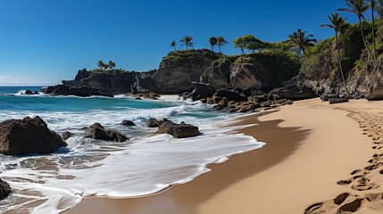 Obraz premium A Tranquil Beach Scene With Foamy Waves Rolling In Towards Sandy Shores And Palm Trees Silhouetted Against A Clear Blue Sky