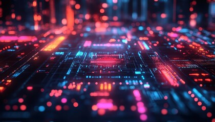 Obraz premium Machine learning visualization with vibrant data points, sleek digital interface, futuristic lighting, high-tech atmosphere