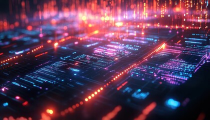 Obraz premium Machine learning visualization with vibrant data points, sleek digital interface, futuristic lighting, high-tech atmosphere