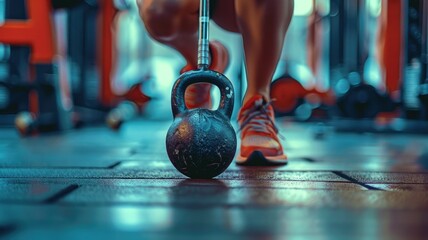 Man performing kettlebell workout in a gym, Man performing kettlebell workout in a gym