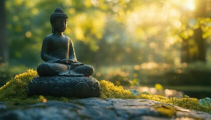 Meditation in nature with vibrant greenery, soft natural lighting, calm atmosphere, serene vibe, photo-realistic