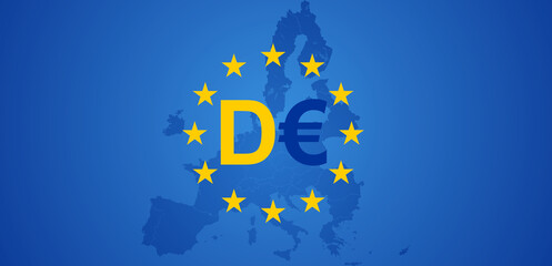 CBDC the Digital Euro as DEUR, creative flag design map of the European Union, EU, Europe, rounded stripes, thick dashes lines rounded, form simplified outline map
