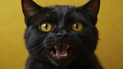 Close-up portrait of a surprised black cat on yellow background. Surprised expression