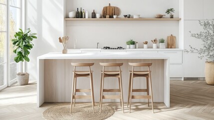 Modern kitchen with minimalist design and wooden accents.