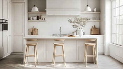 Modern kitchen with minimalist design and wooden stools.