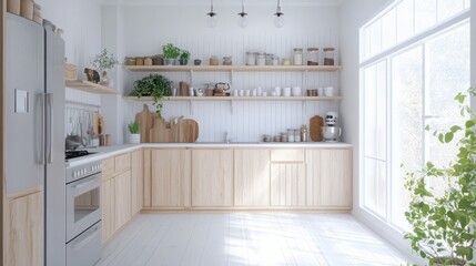 Modern kitchen with wooden shelves and bright, airy design.