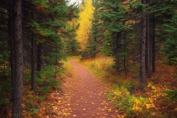 Obraz premium The lush autumn forest scene is illuminated by warm light and autumn leaves. A footpath leads through the woodland scene with gold foliage. This is a photo taken on a glorious autumn day, in a