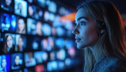 Remote meeting with diverse participants, vibrant video screens, futuristic interface, soft lighting, digital art