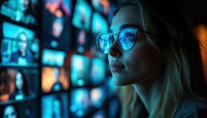 Remote meeting with diverse participants, vibrant video screens, futuristic interface, soft lighting, digital art