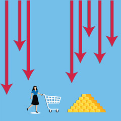 Low investor confidence, investing in gold during recession, safe haven asset against inflation concept, Businesswoman with shopping cart running away from downtrend graph attack and trying to buy gol © Master Art