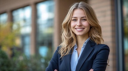 Fototapeta premium professional businesswoman in formal attire smiling confidently in front of an office building, highlighting her leadership role and corporate success