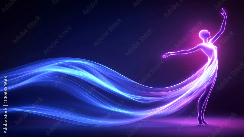 Poster a mesmerizing dancer silhouette surrounded by flowing light trails, creating a captivating and ether