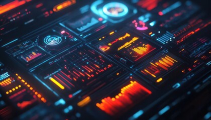 Obraz premium Team management tools on a sleek digital interface, vibrant colors, high contrast, dynamic layout, futuristic style