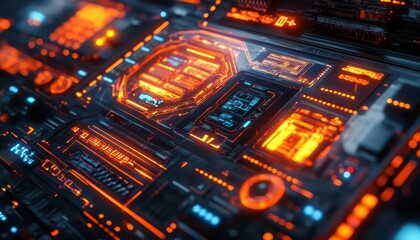 Fototapeta premium Tech-driven branding with vibrant holographic elements, sleek design, futuristic lighting, high-tech atmosphere