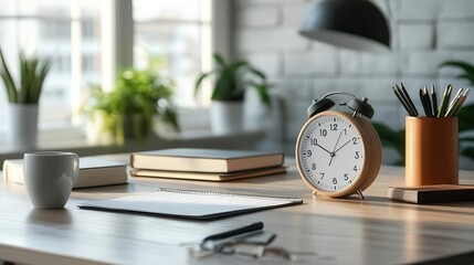 Time management tools for relaxation on a sleek desk, soft natural lighting, cozy setup, modern design, photo-realism