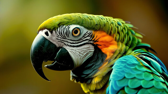 A colorful parrot with a green and yellow head and blue and green feathers